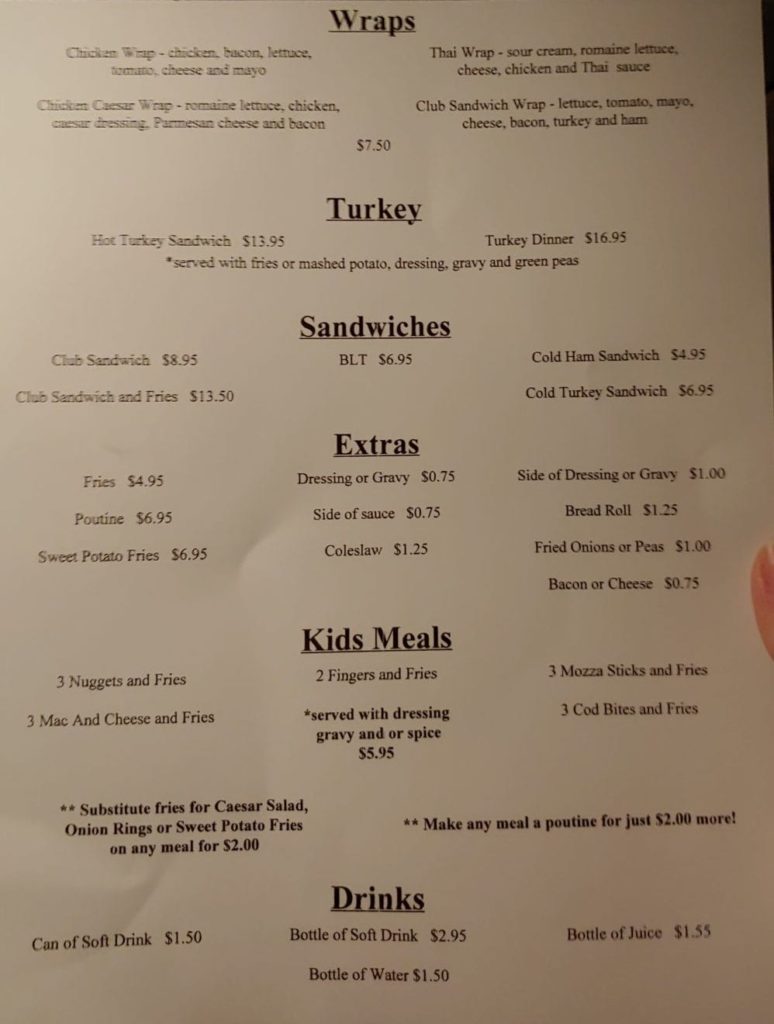 The back of the menu from The Jigger Restaurant in Bay Bulls, Newfoundland