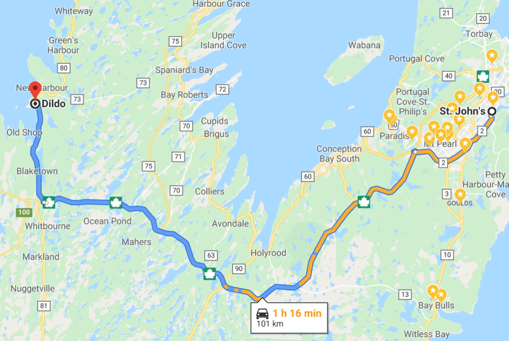 Map driving distance from St. John's to Dildo, Newfoundland