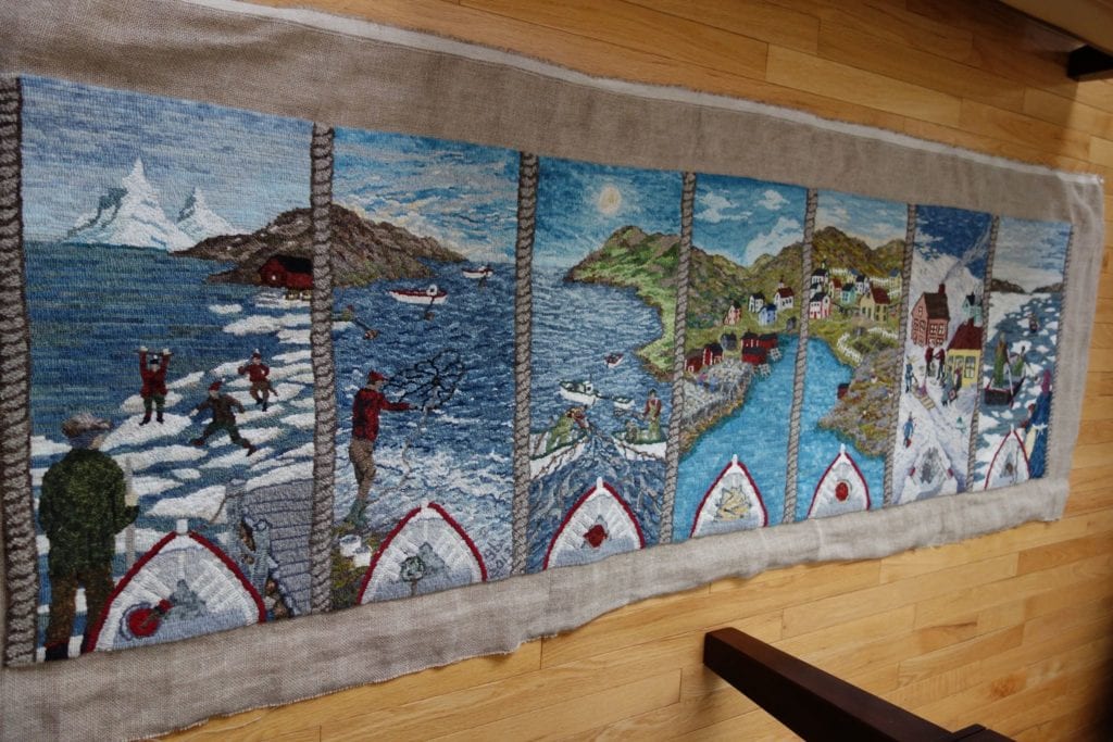  Seven Seasons hooked rug - hand-dyed and as-is wool on linen. Designed and hooked by Gwen Burt, Northern Arm, Newfoundland and Labrador, Canada, 2013. 