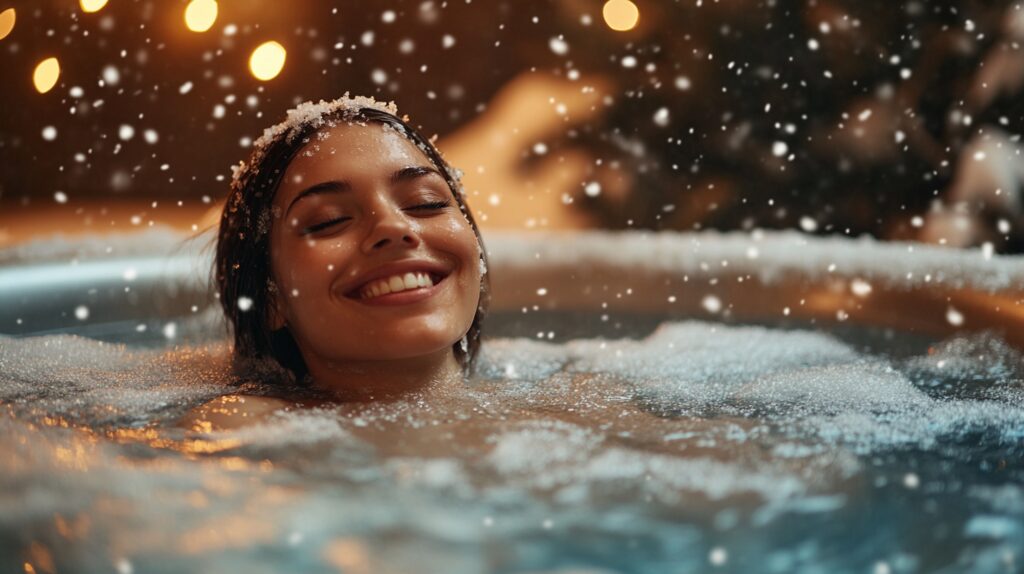 Girl in Hot tub at the Whale House Guest House enjoying the snow falling softly